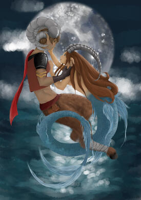 The love between an Aries and Capricorn character. This was a commision piece created in Adobe Photoshop.